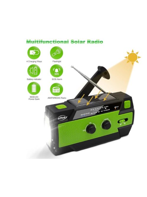 Efluky Solar Radio AM/FM/NOAA (MMM) forgattyús rádió hordozható USB újratölthető vészhelyzeti rádió 4000 mAh-s tápegységgel, LED zseblámpával, SOS riasztóval és olvasólámpával kempingezéshez, túléléshez, ut